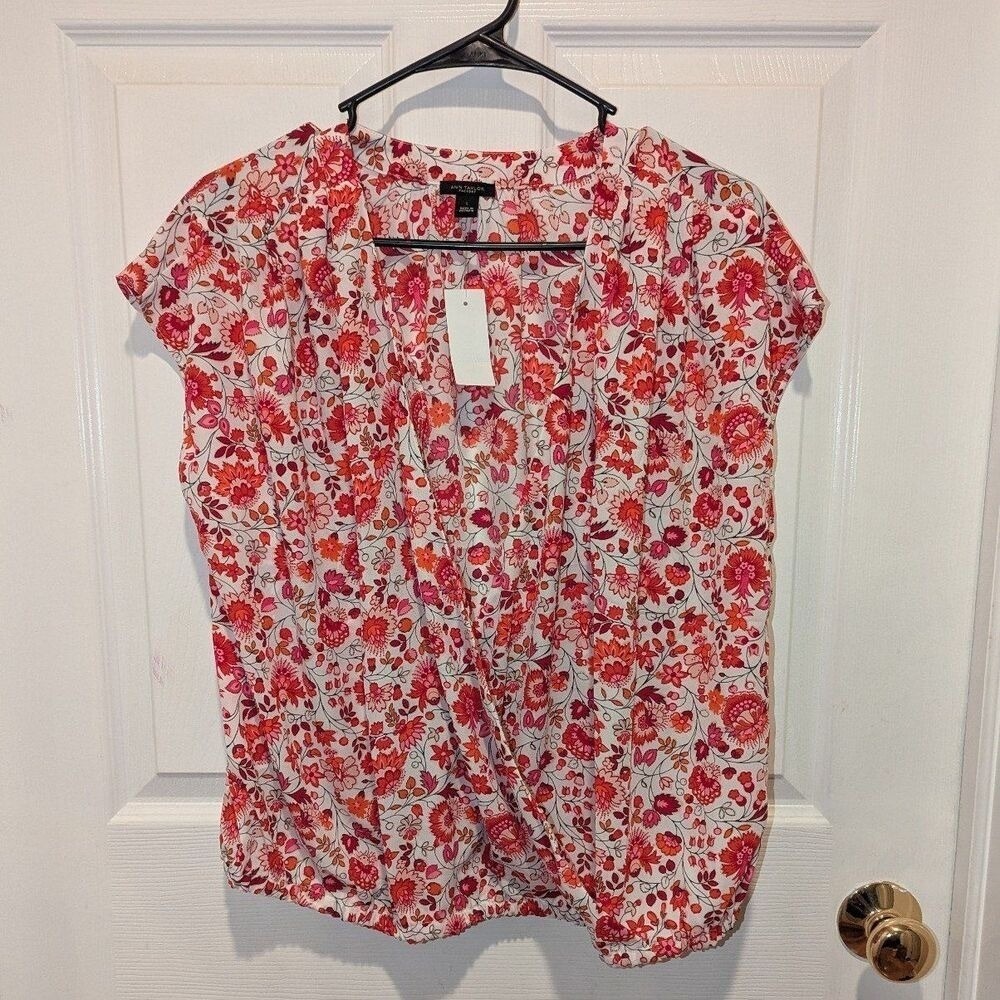 Cottagecore Boho Floral Ann Taylor NWT Band Hem Wrap Blouse Top Large Pink Red
